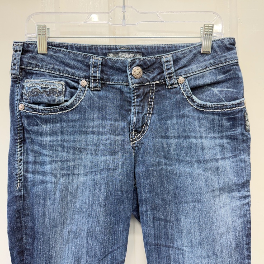 Silver Suki Flap Capri Jeans Women 29 Blue Sequined Embellished Pockets - Picture 3 of 9